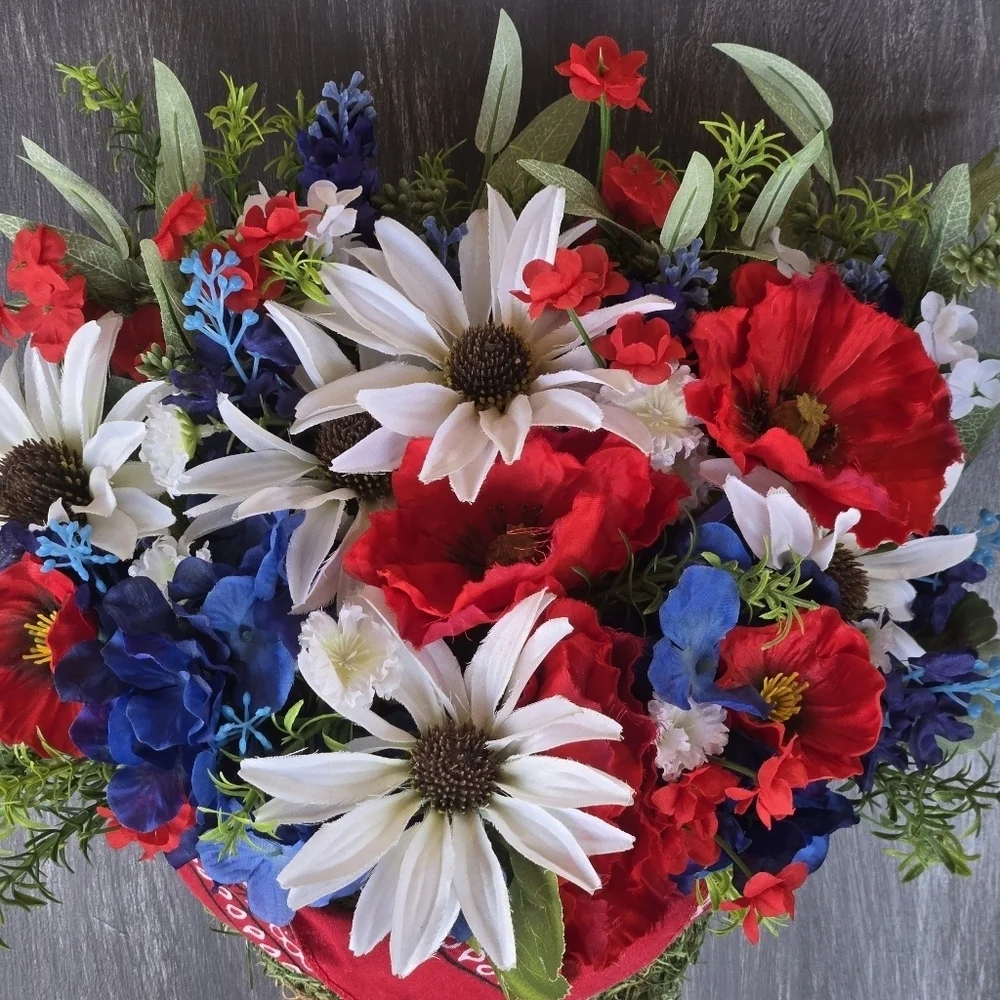 Handmade Patriotic Floral Basket Door Hanger Wreath 4th Of July Summer Wreath
